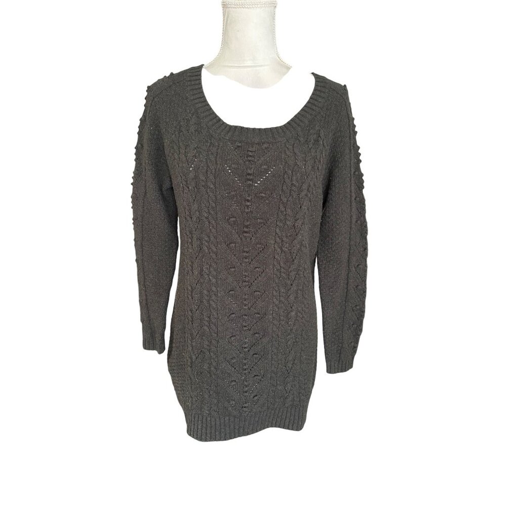 Garnet Hill Cable Knit Sweater XS Long Sleeve Charcoal Gray 100% Merino Wool